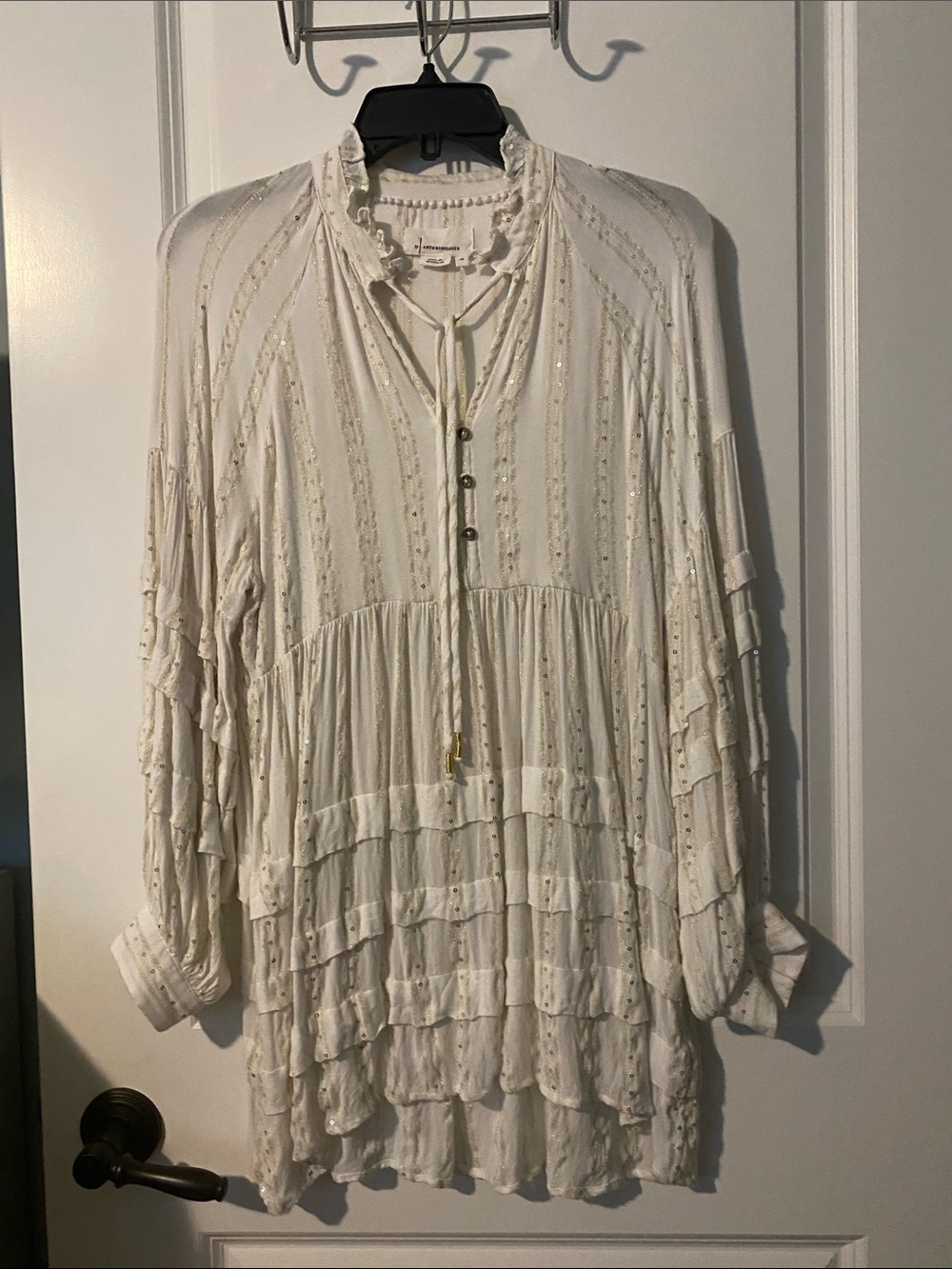 Anthropologie Cream Ruffled Boho Tunic Top